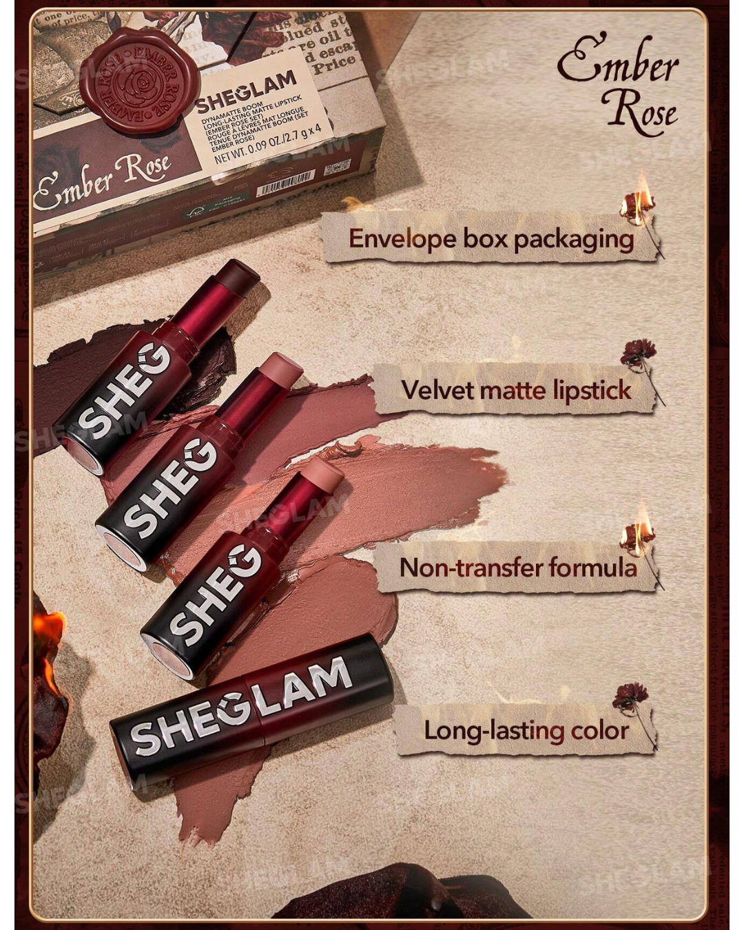 Sheglam Dynamatte Boom Long-Lasting Matte Lipstick (Ember Rose Set)